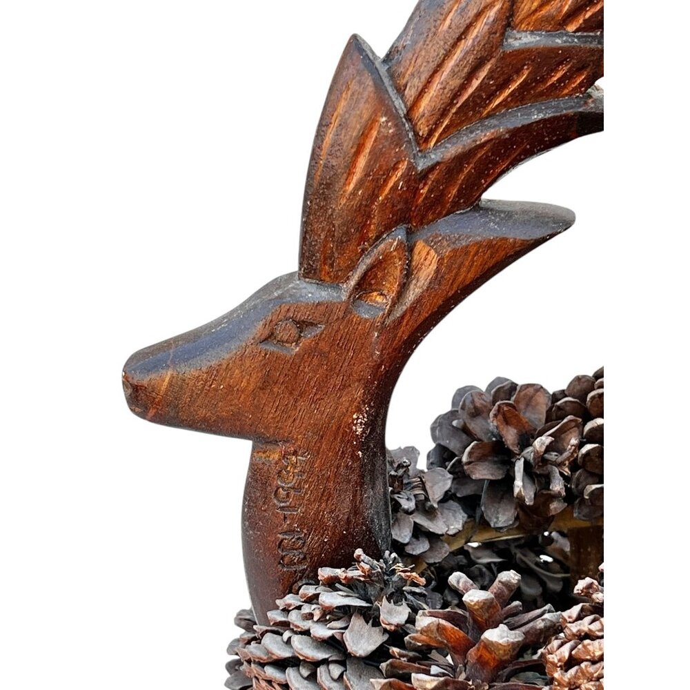 Pinecone Basket with Hand-Carved Wooden Deer Handle Dated 1994 - Picture 5 of 9